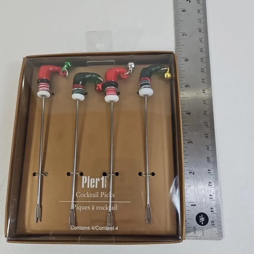 Pier 1 Imports Cocktail Picks Christmas Hors d’oeuvre Glass Top Metal Sticks NEW